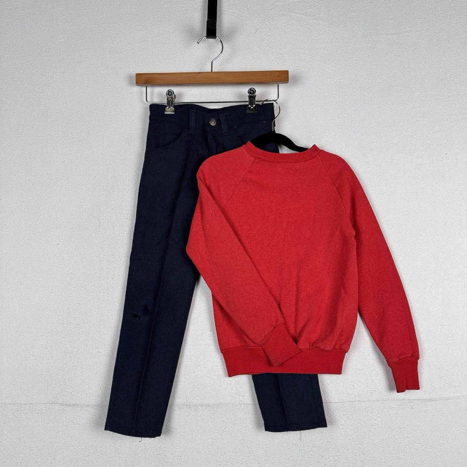 Vintage 70’s Kids Levi’s Big E Sta-Prest Twill Pants Red Raglan Crewneck Set 6-7