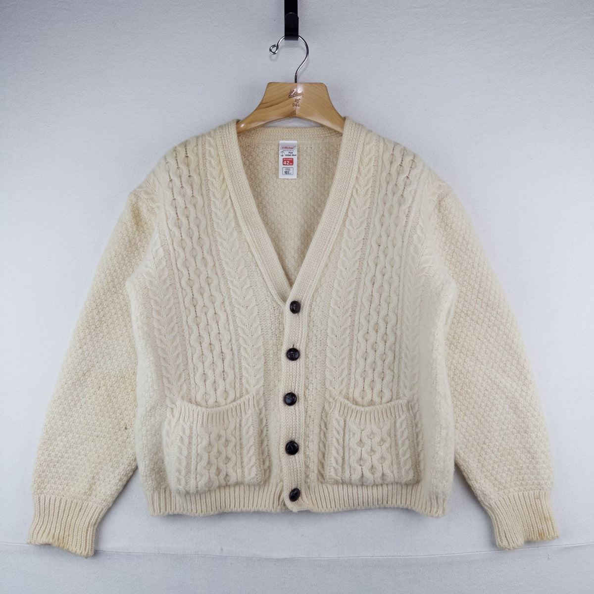70’s Vtg St Michael Aran Chunky Knit Cardigan Fisherman Wool Cream L *Distressed