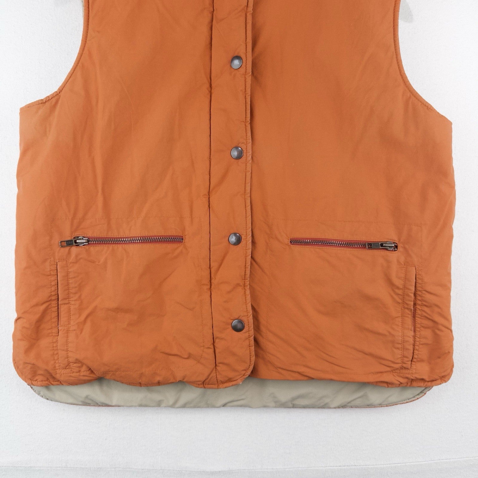 J.Crew Puffer Vest Full Zip Orange Women’s Large Hidden Hood Snaps