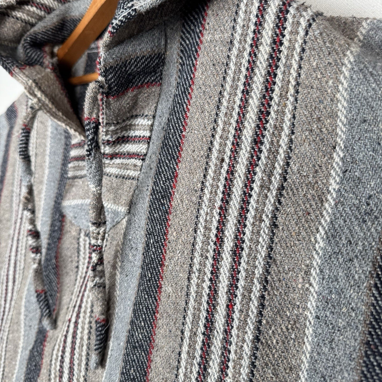 Vintage Baja Mexican Woven Blanket Hoodie Pullover Jacket Blue Gray Red XL Boho