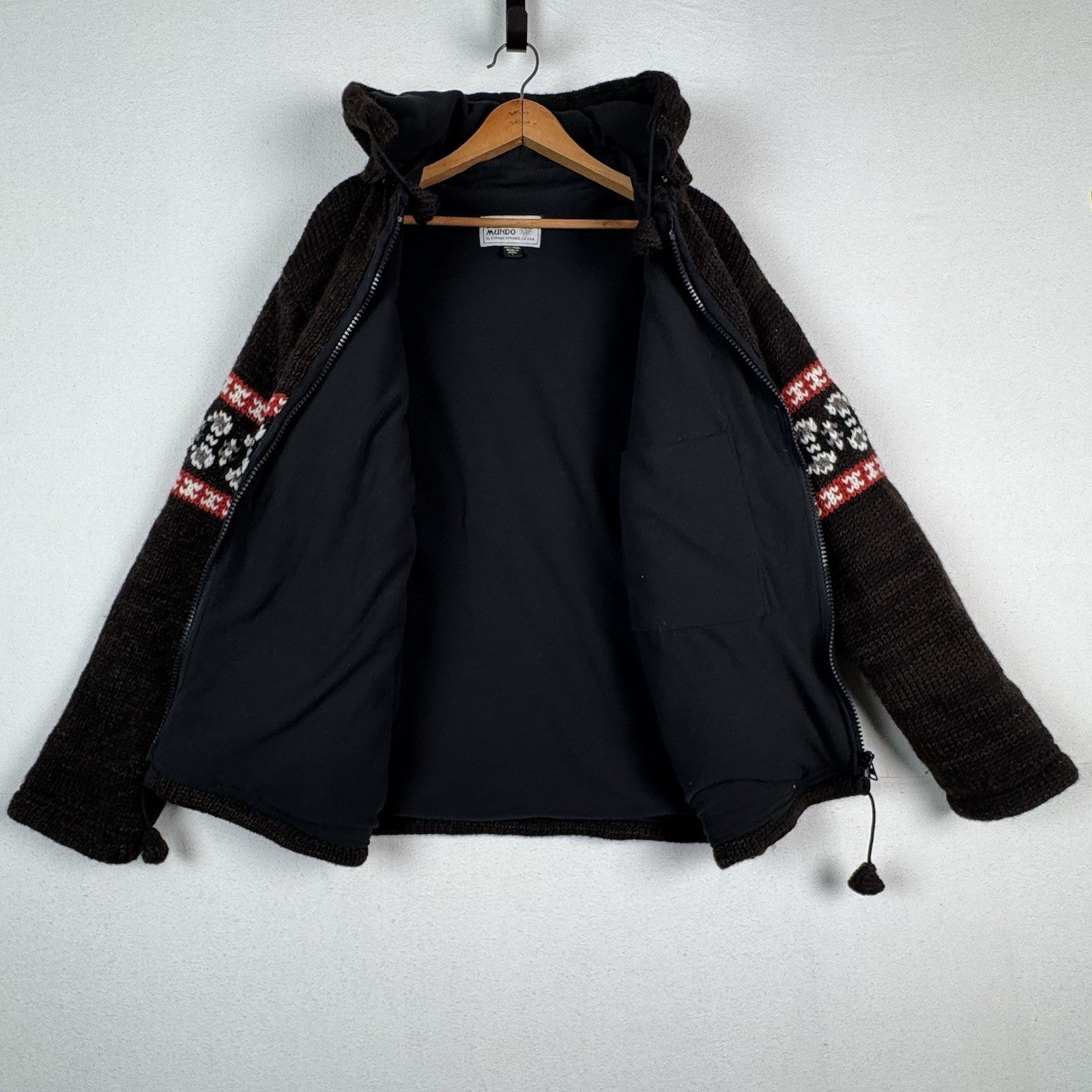 Nepal 100% Wool Jacket Detachable Hood Brown Red Full Zip Flannel Lined Sz L USA