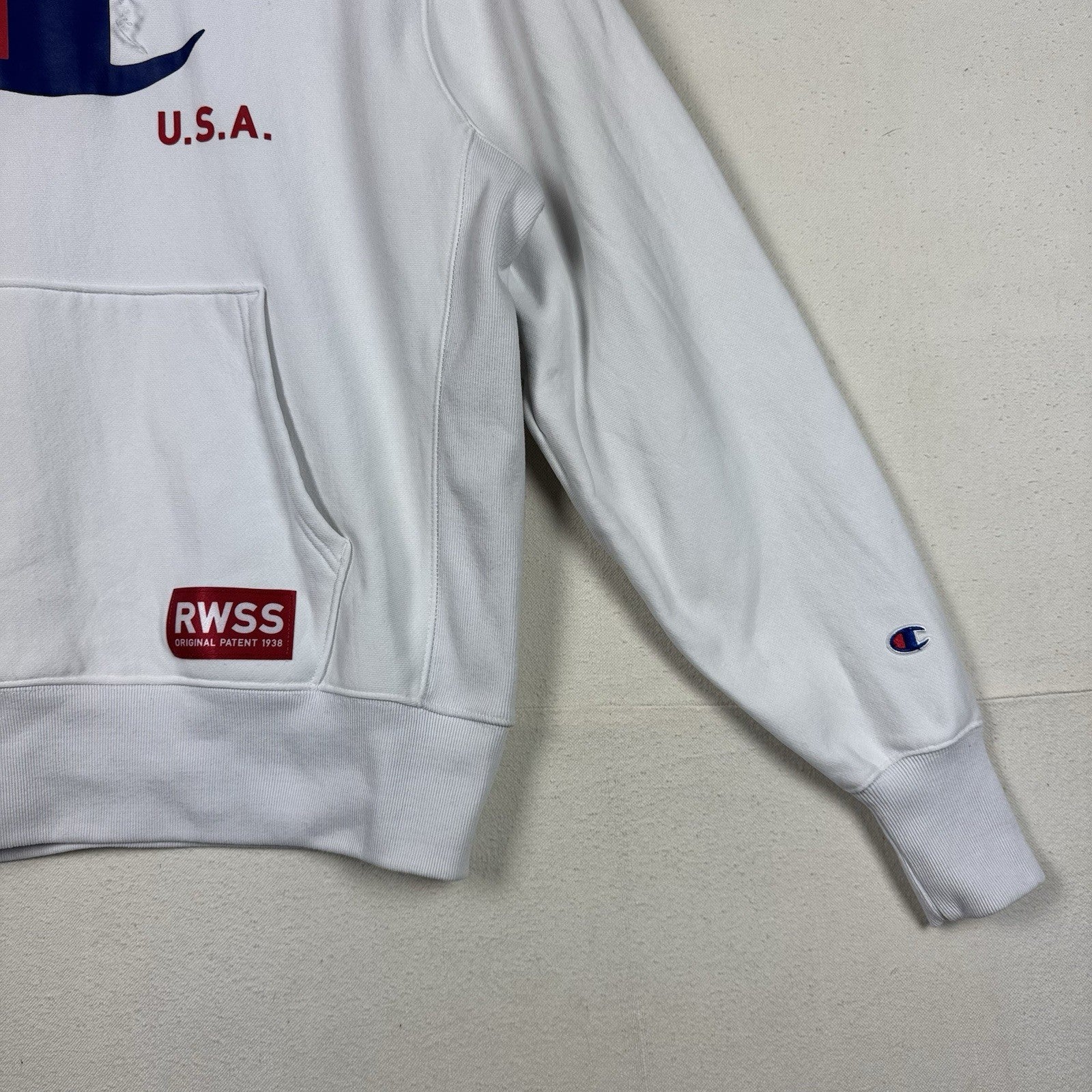Vintage Champion USA Reverse Weave White RWSS Hoodie Sweatshirt Adult Size L