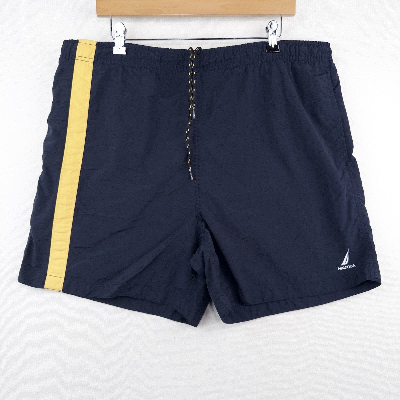 90’s Vtg Nautica Board Swim Shorts Navy Blue Lined Trunks Yellow Stripe Men’s L