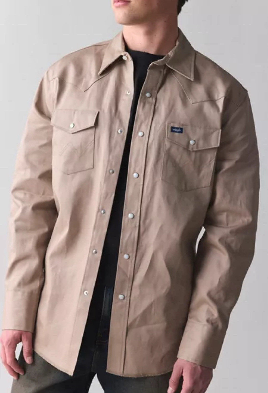 NWT Wrangler Mens Large Western Shirt Beige L/S Pearlsnap Cowboy Work Wear Shirt