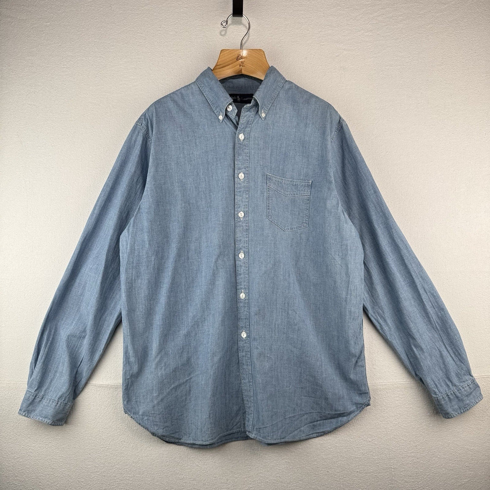 Vintage Ralph Lauren Men's XL Blue Chambray Button Down Shirt Western Workwear