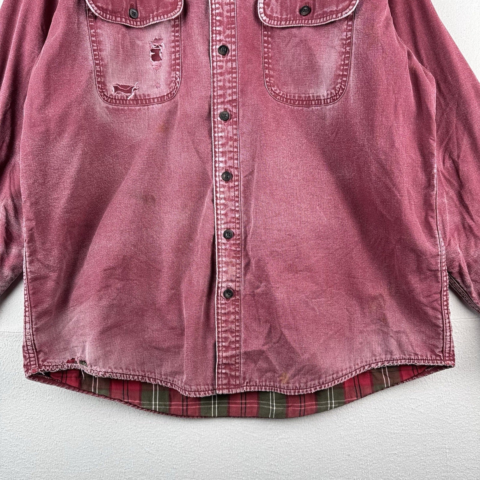Vtg LL Bean Hurricane Shirt Mens Large Wine Red Plaid Flannel Lined Distressed