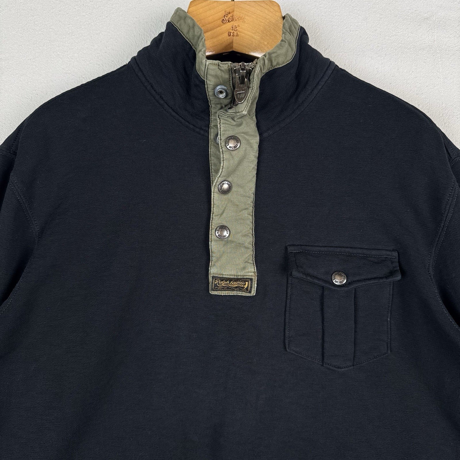 Polo Ralph Lauren Sweatshirt Mens Large Black Mock Neck Half Zip Snap Pullover