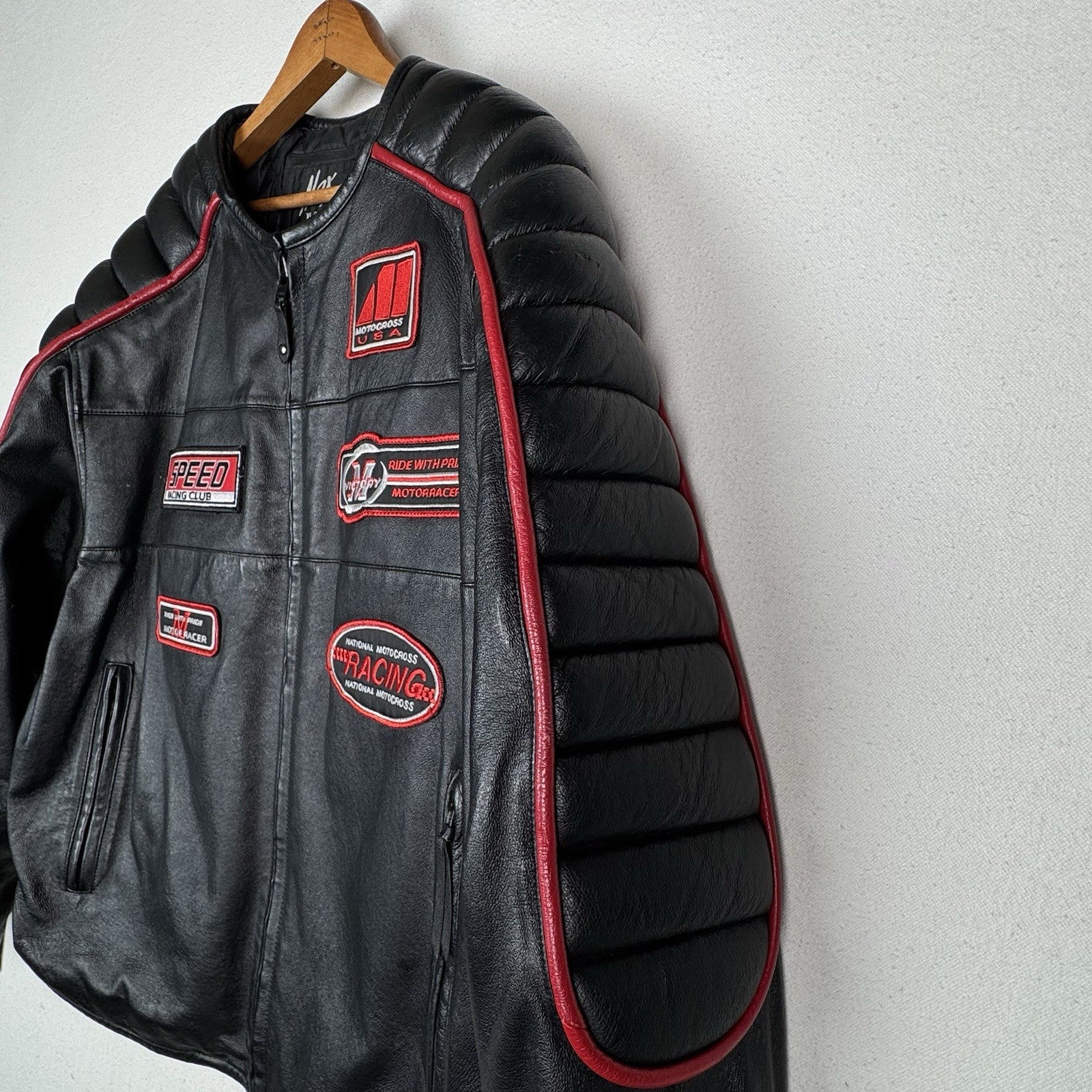 Max USA Men's Motor-cross Black Italian Leather Jacket XL X-Large Patches
