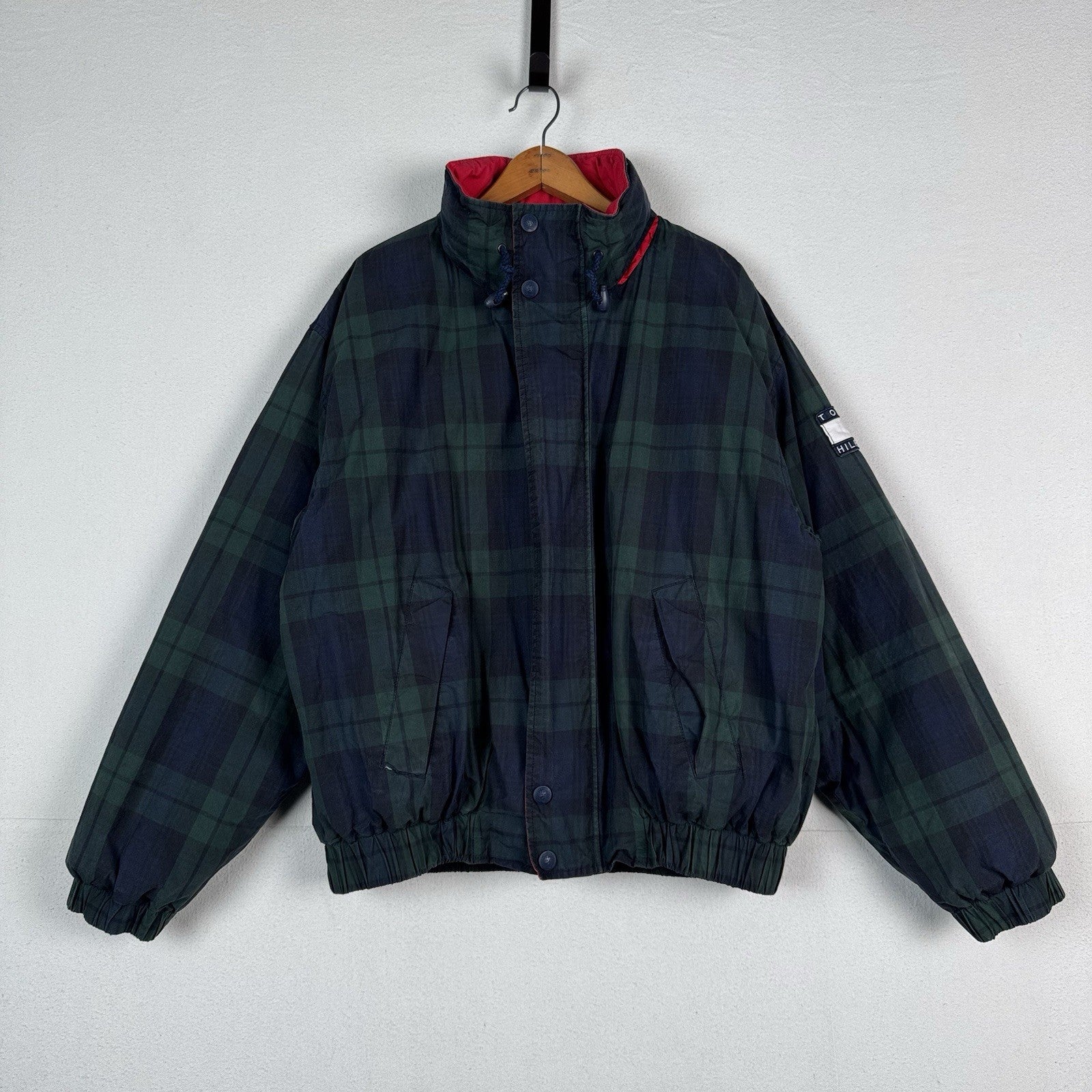 Vintage 90s Tommy Hilfiger Down Coat Ski Jacket Mens XL Tartan Plaid Embroidered