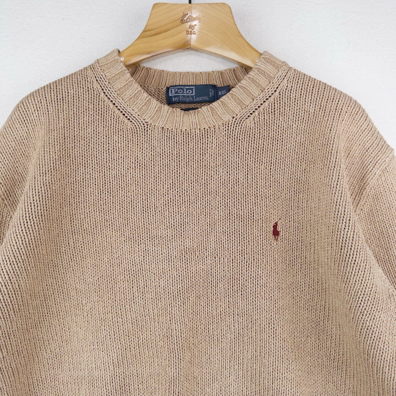 90’s Vintage Polo Ralph Lauren Knit Sweater Mens 2XL Camel Brown Cotton Crewneck