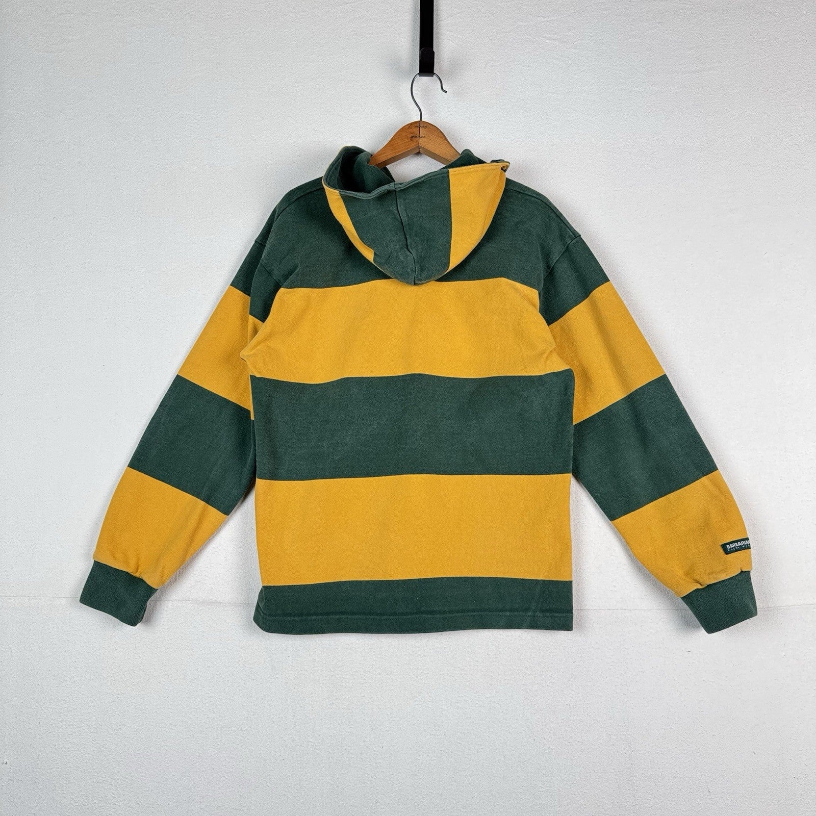 Barbarian Hooded Rugby Mens Medium Green Yellow Striped Pullover