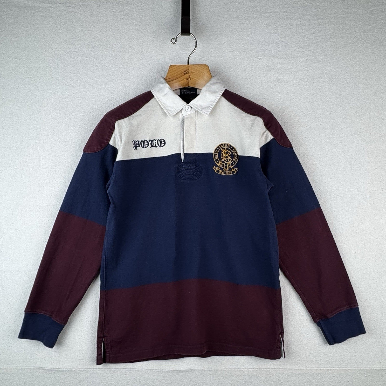 90’s Vtg Polo Ralph Lauren Women’s L Scribble Rugby  Shoulder Elbow Patch 17.5”