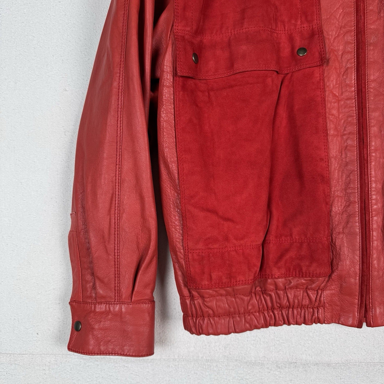 90’s Saks Fifth Avenue Suede Leather Bomber Jacket Red Zip Womens 12 Chest: 42”