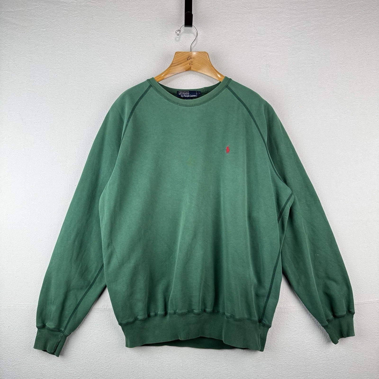 90’s Vtg Polo Ralph Lauren Crew Raglan Sweatshirt Men’s Large Green Sun-Faded
