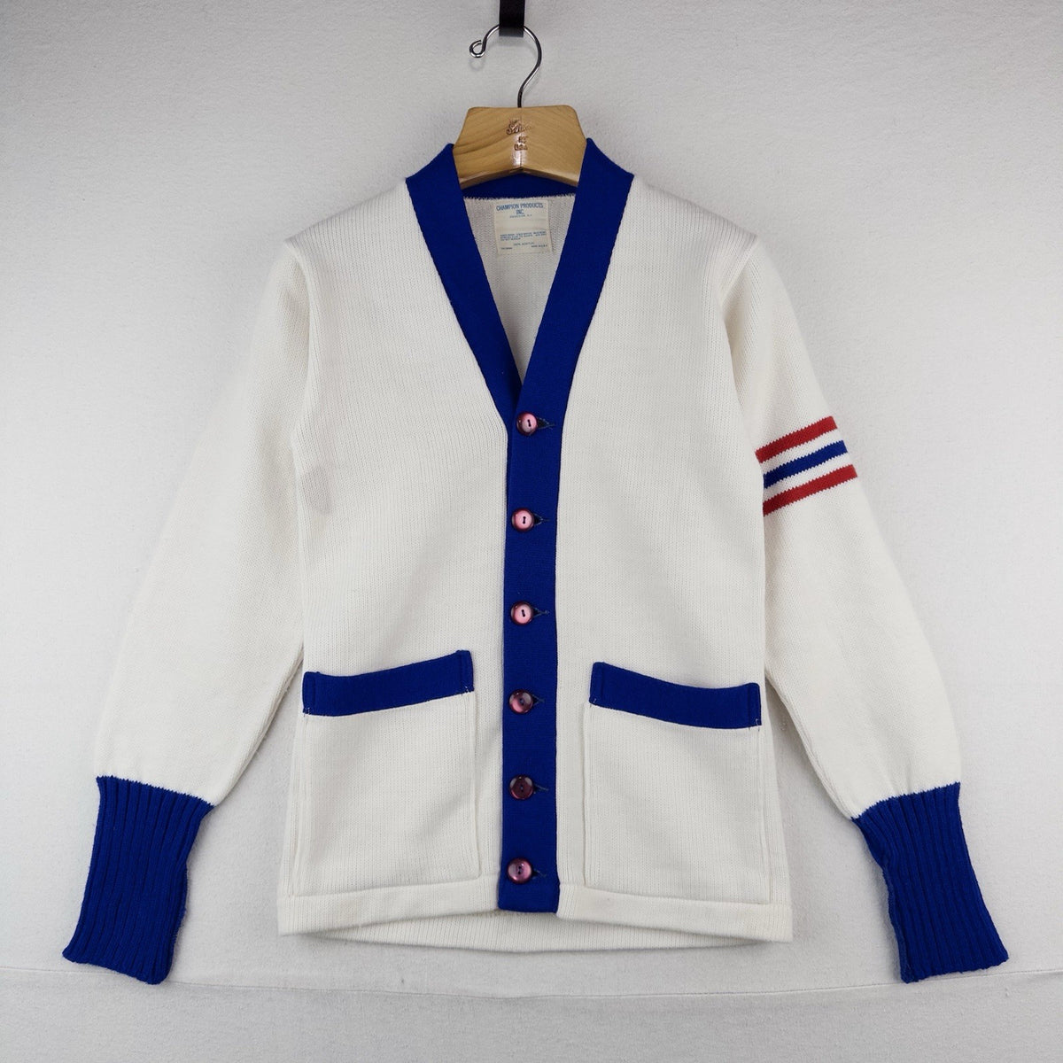 60’s Vtg Champion Letterman Cardigan Sweater Red White Blue 32” Youth M (10-12)