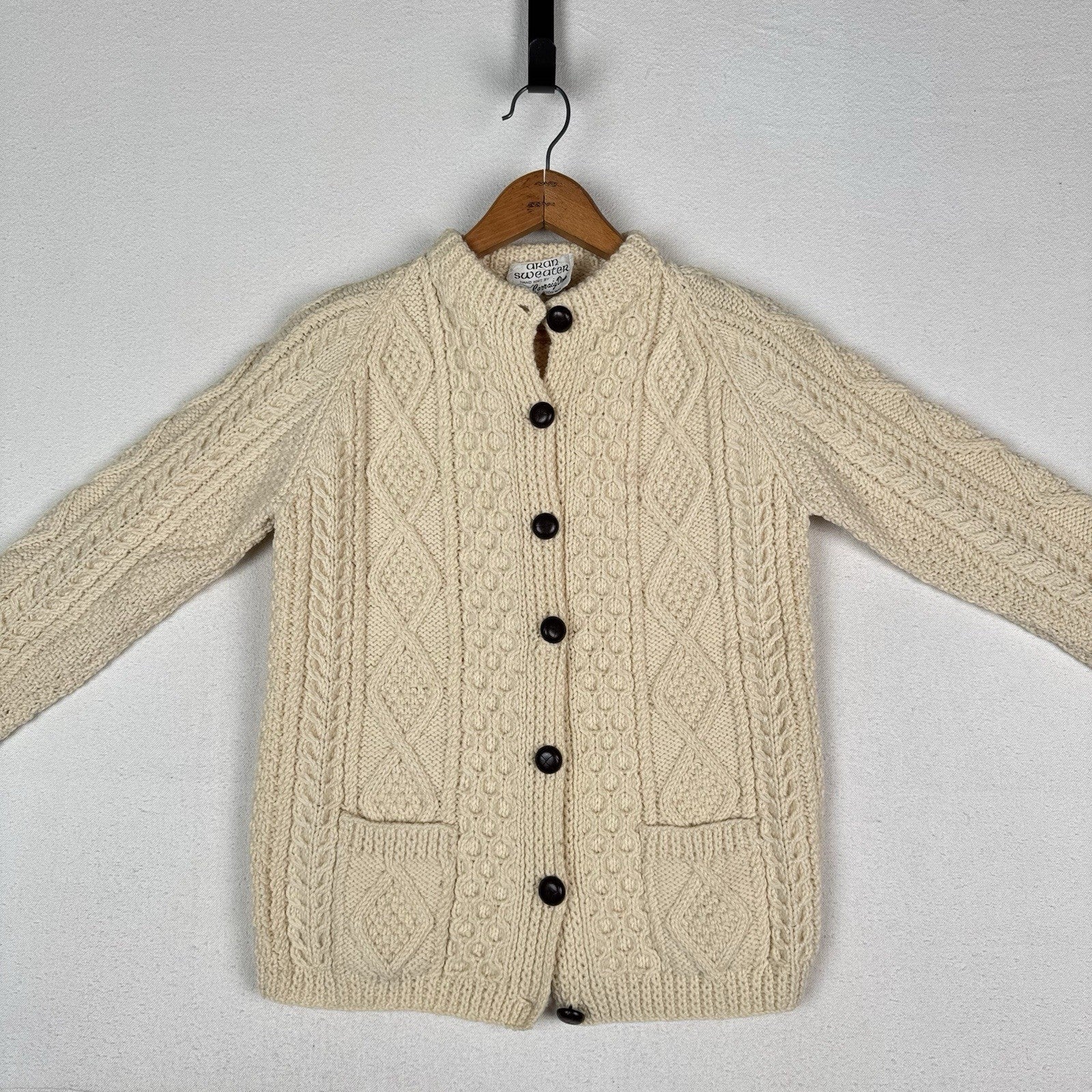 Carraig Donn Aran Cardigan Sweater Small/Med Ireland Wool Cable Knit Ivory