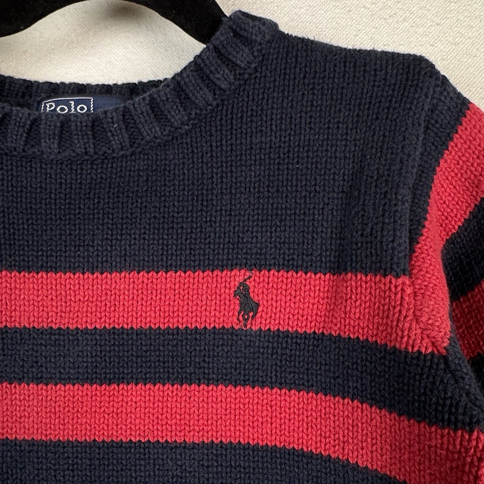 Vintage Polo Ralph Lauren Black Red Striped Pullover Crewneck Sweater Boys Sz 5