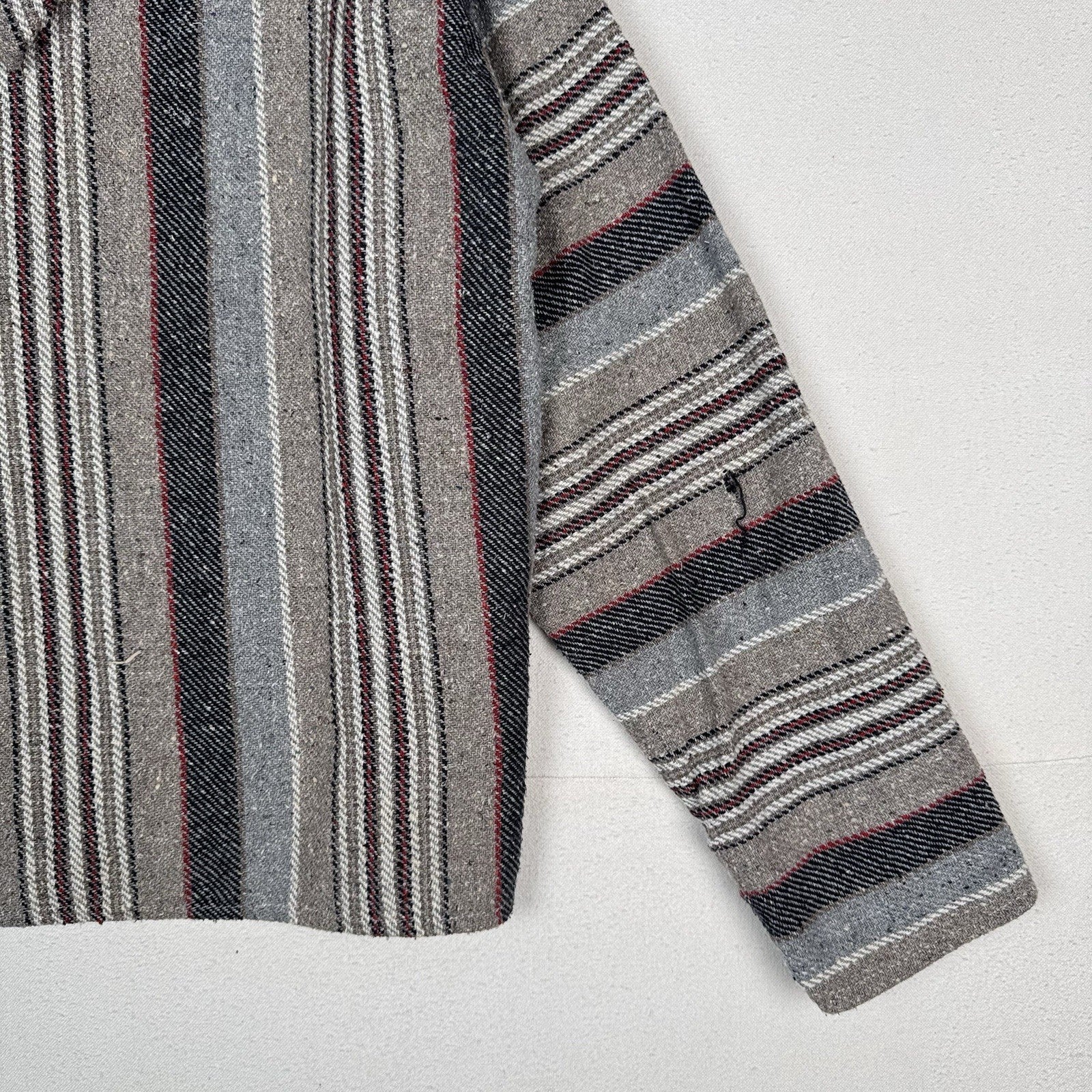 Vintage Baja Mexican Woven Blanket Hoodie Pullover Jacket Blue Gray Red XL Boho