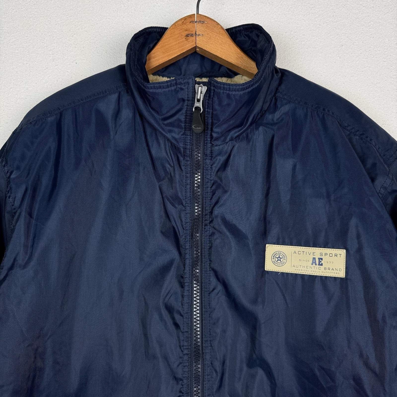 Vintage American Eagle Parka Size S Full Zip Heavyweight Sherpa Nylon Blue 90s