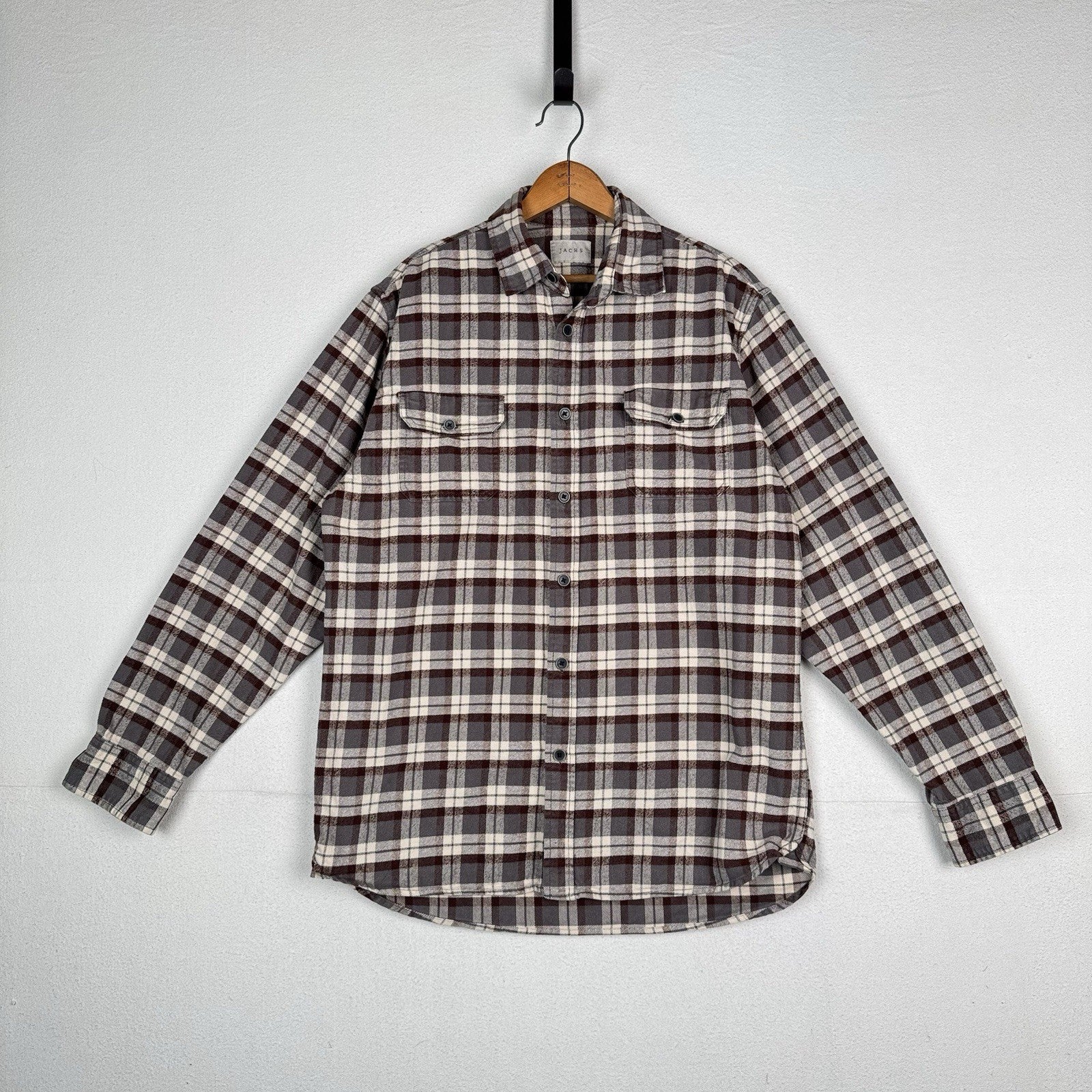 Jachs Men’s Large XL Cream Brown Gray Heritage Thick Material Flannel Button Up