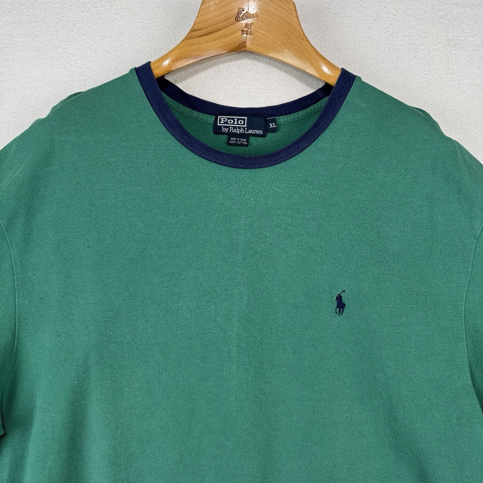 90's Vtg Polo Ralph Lauren Men's XL Green Ringer Crew Neck T-Shirt Pique Cotton