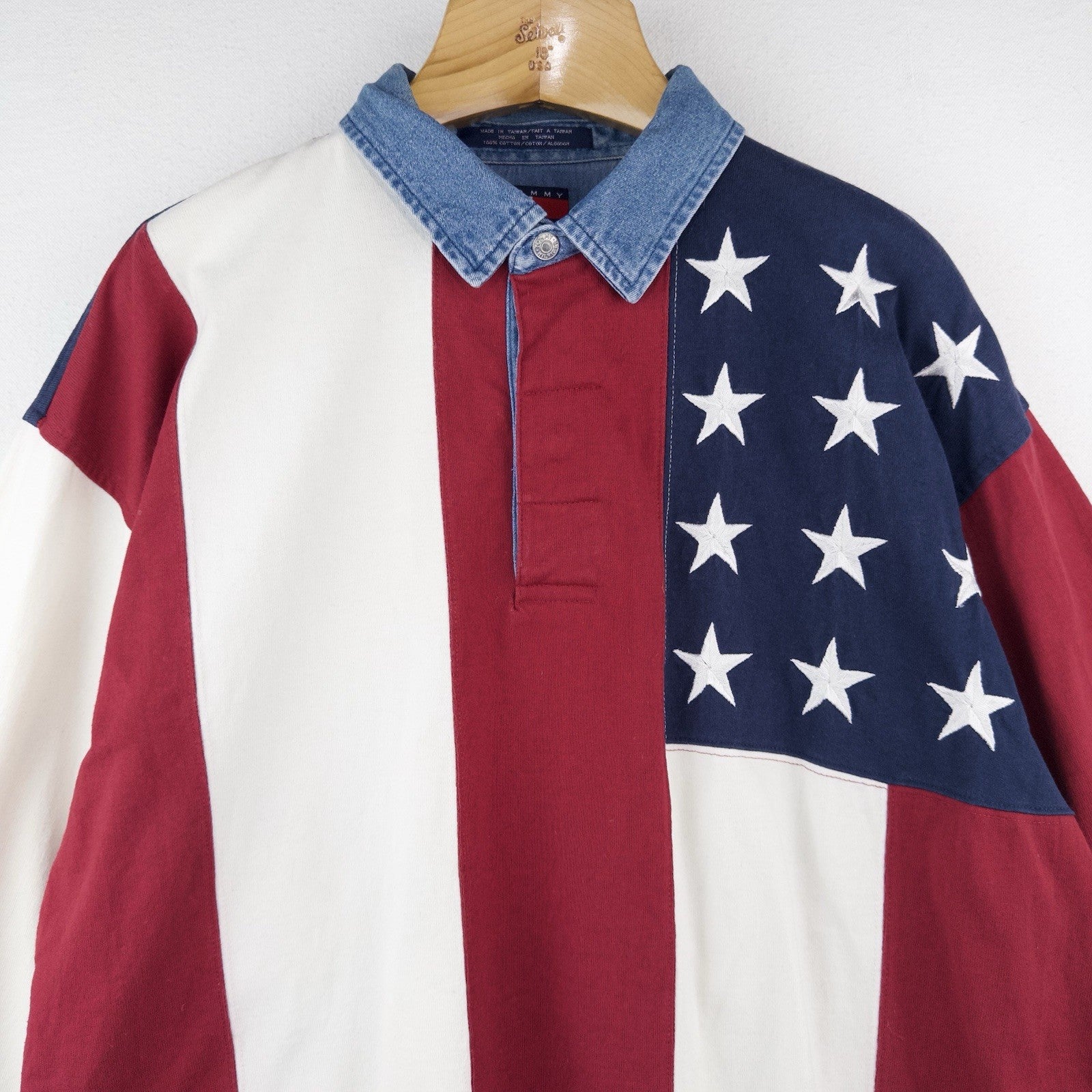 90s Vtg Tommy Hilfiger Rugby Polo Shirt Stars Stripes USA American Flag XL