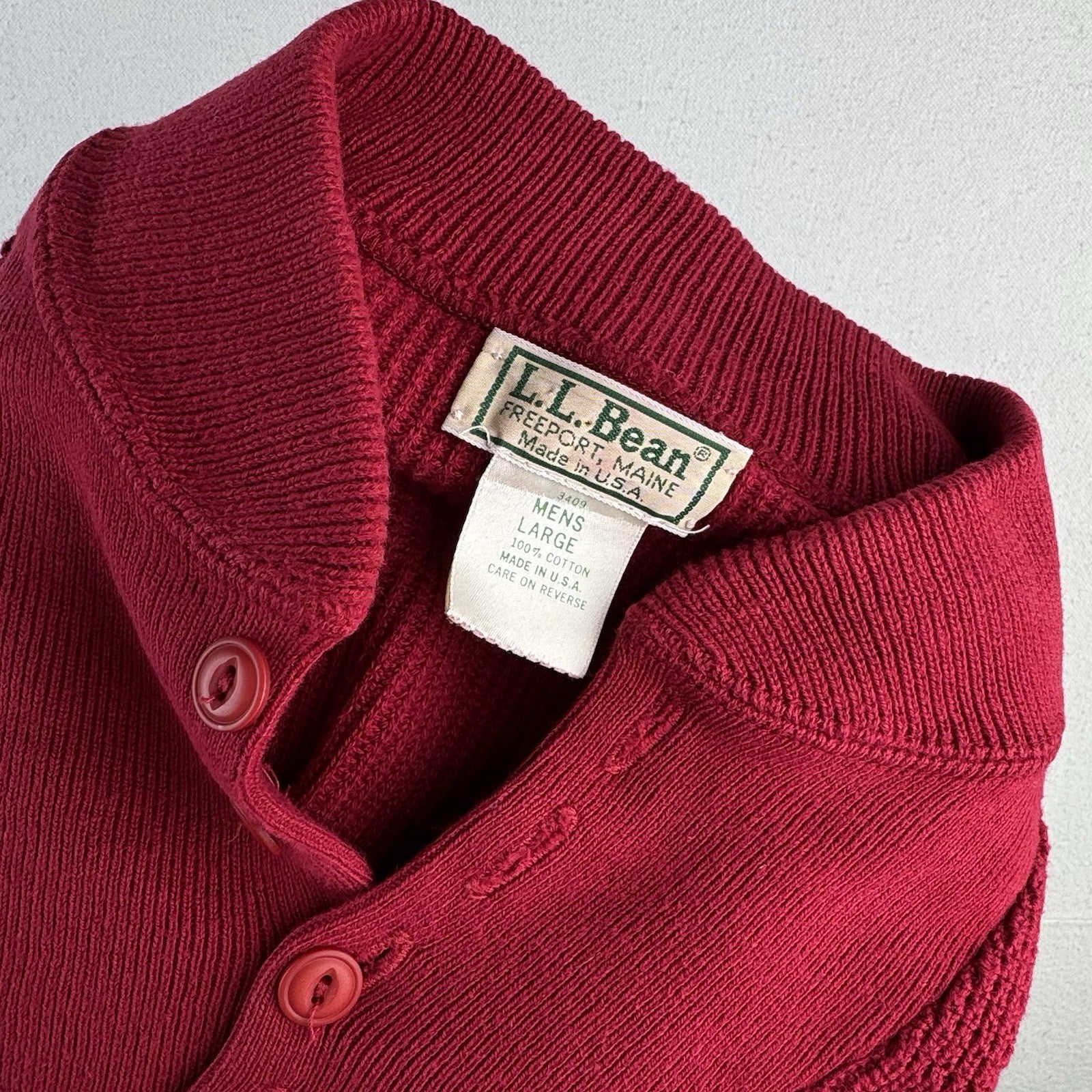 90s Vintage LL Bean Men's Large Red Henley Fisherman Sweater Made In USA