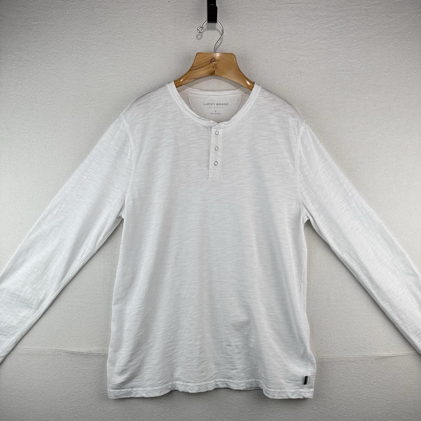 Lucky Brand Men’s Large Cotton Slub Henley Snap Button White Long Sleeve Shirt