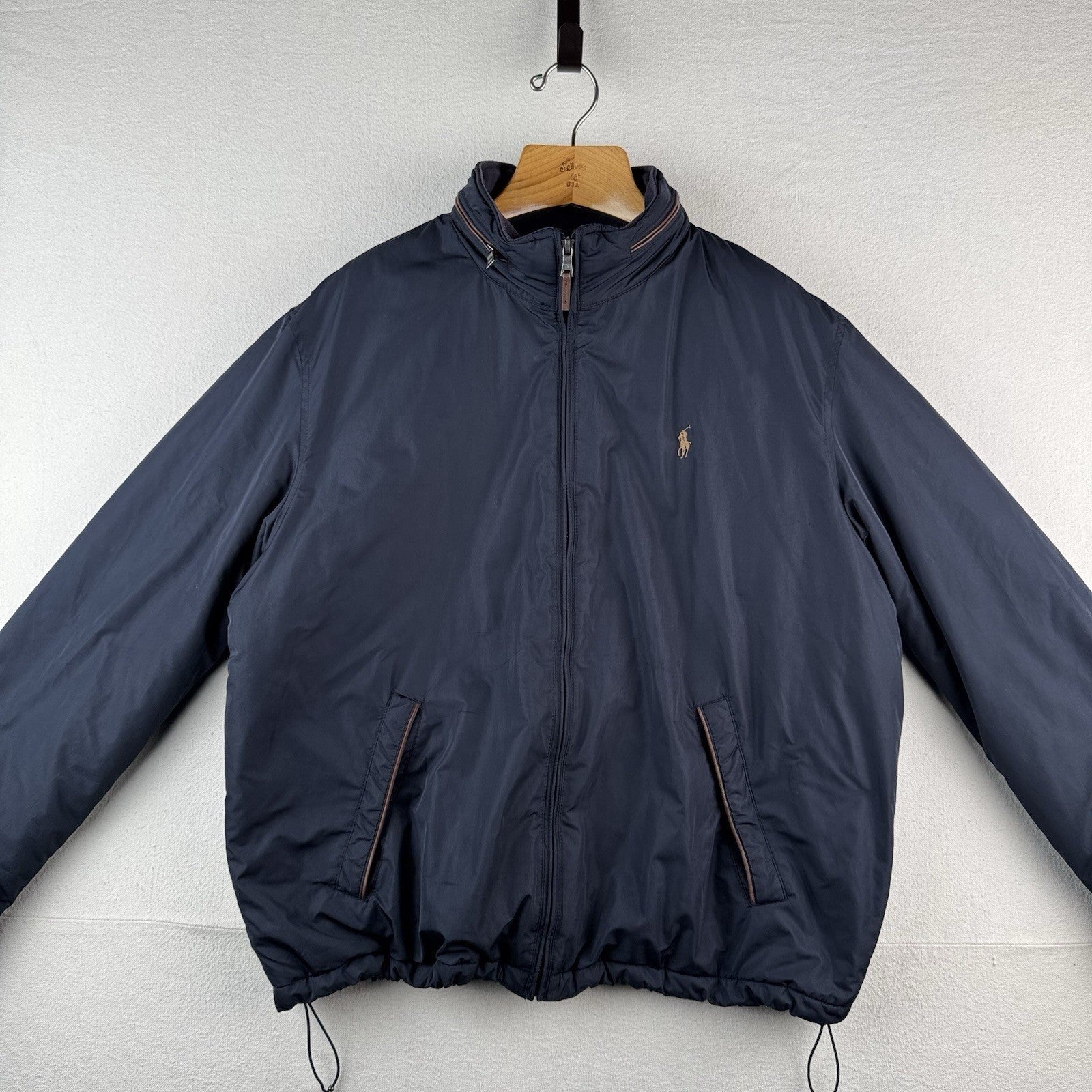 90's Vtg Polo Ralph Lauren Jacket Men XL Navy Leather Trim Lined Stowaway Hood