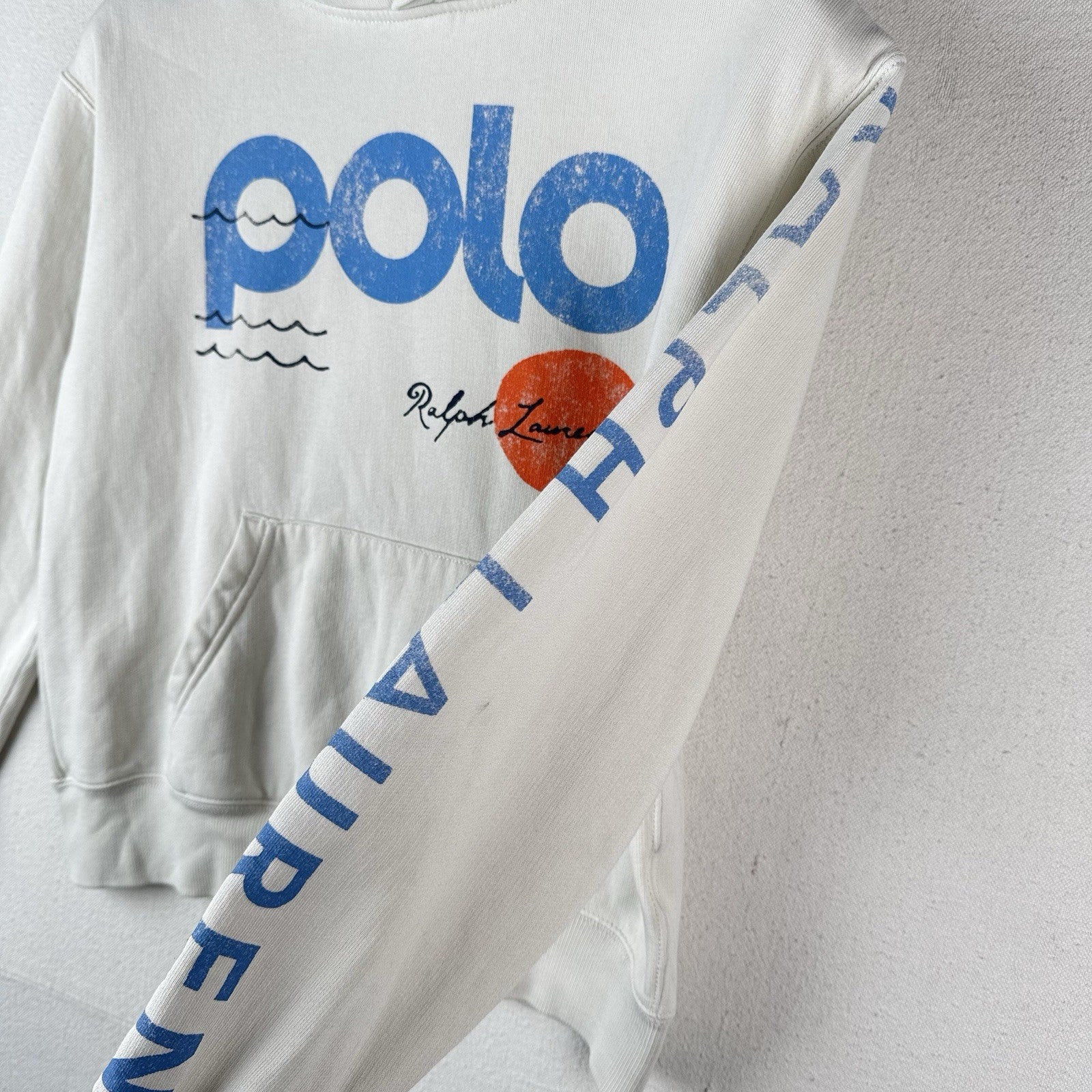 Polo Ralph Lauren Logo Wave Graphic Hoodie Women’s XS White Sun Surf *Read