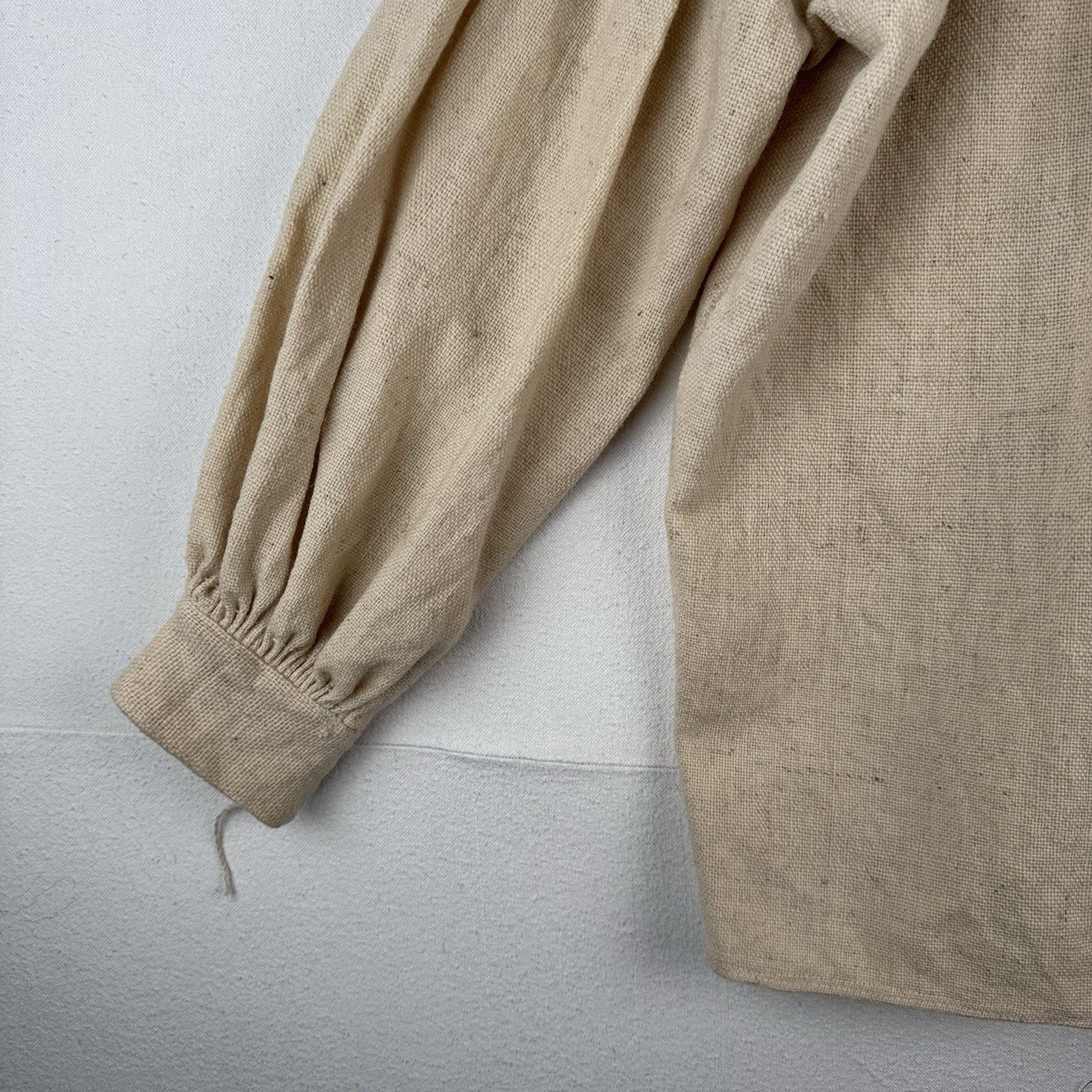 Handmade Linen V-neck Balloon Sleeve Tunic Beige Vintage Poet Shirt 42” Chest