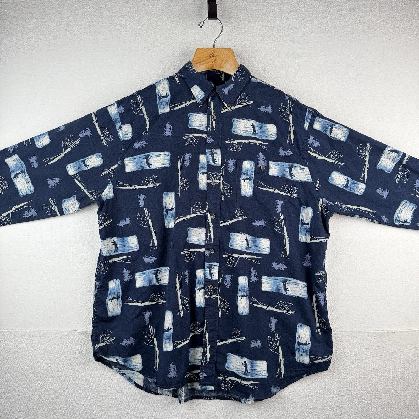 Fly Fishing Fisherman Men’s XL Navy Blue Button Up Shirt 100% Cotton Long Sleeve