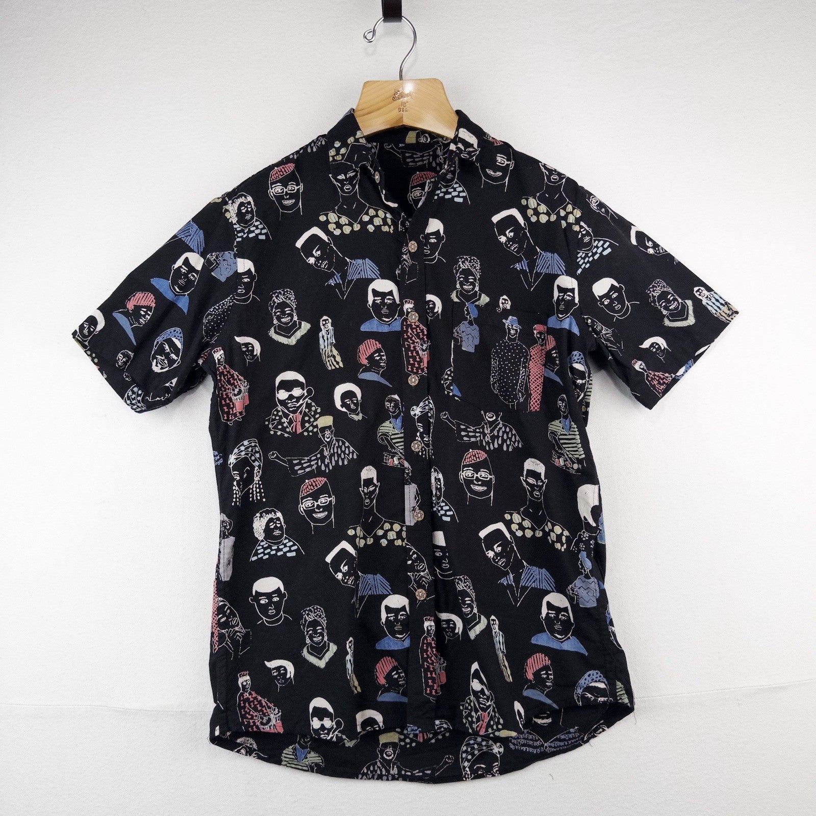 Hand Drawn People Face Illustrated All Over Print Short Sleeve Buttonup Shirt XL
