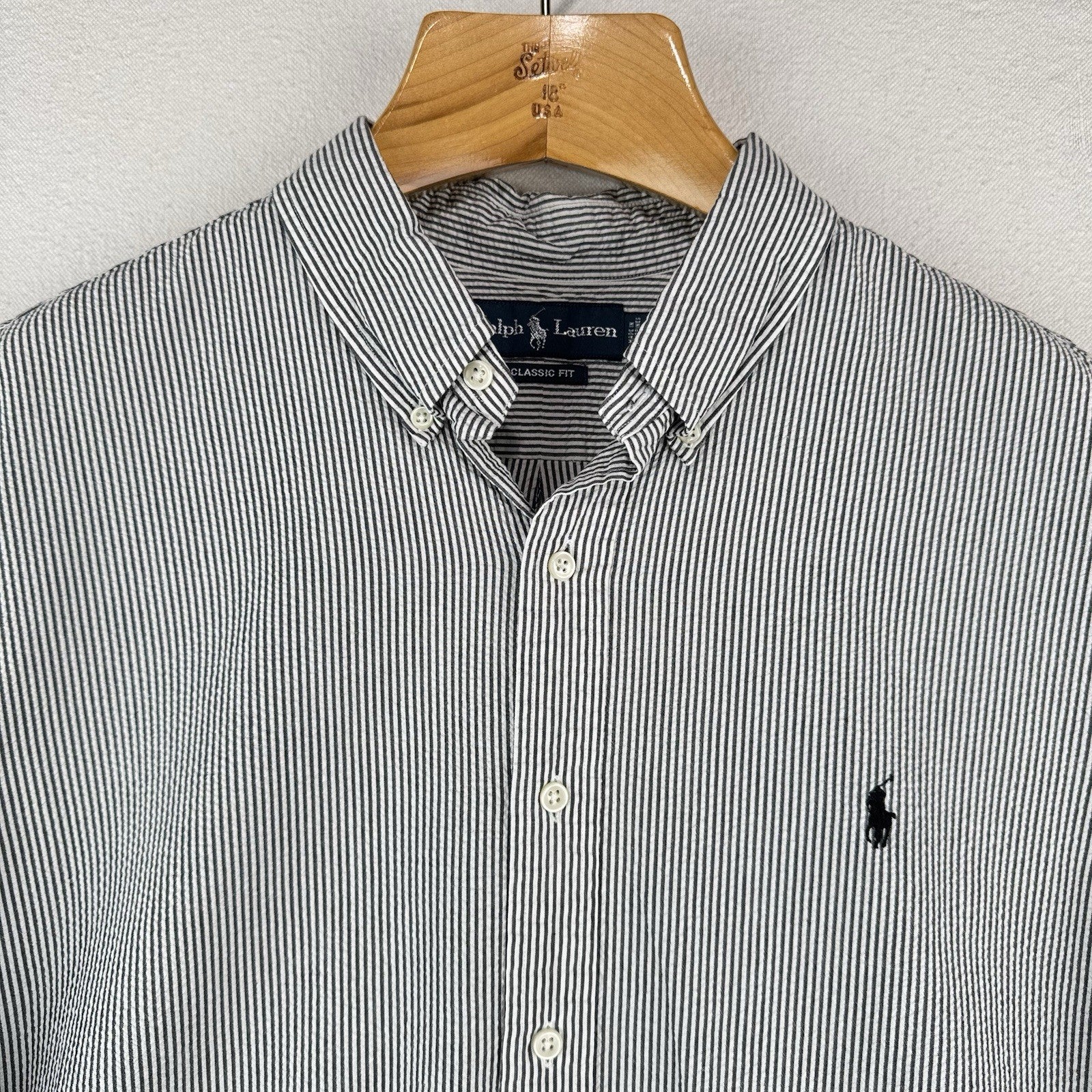 Vtg Ralph Lauren Seersucker Men’s 2XL Classic Fit SS Button Shirt Gray White
