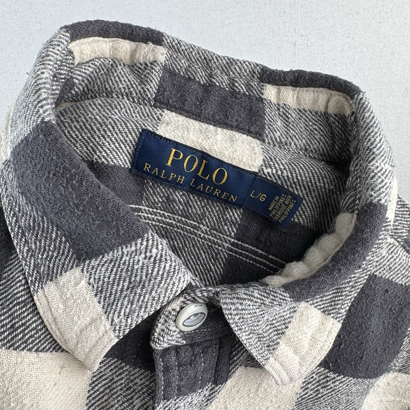 Polo Ralph Lauren Flannel Work Shirt Mens Large Gray Buffalo Check Twill Utility