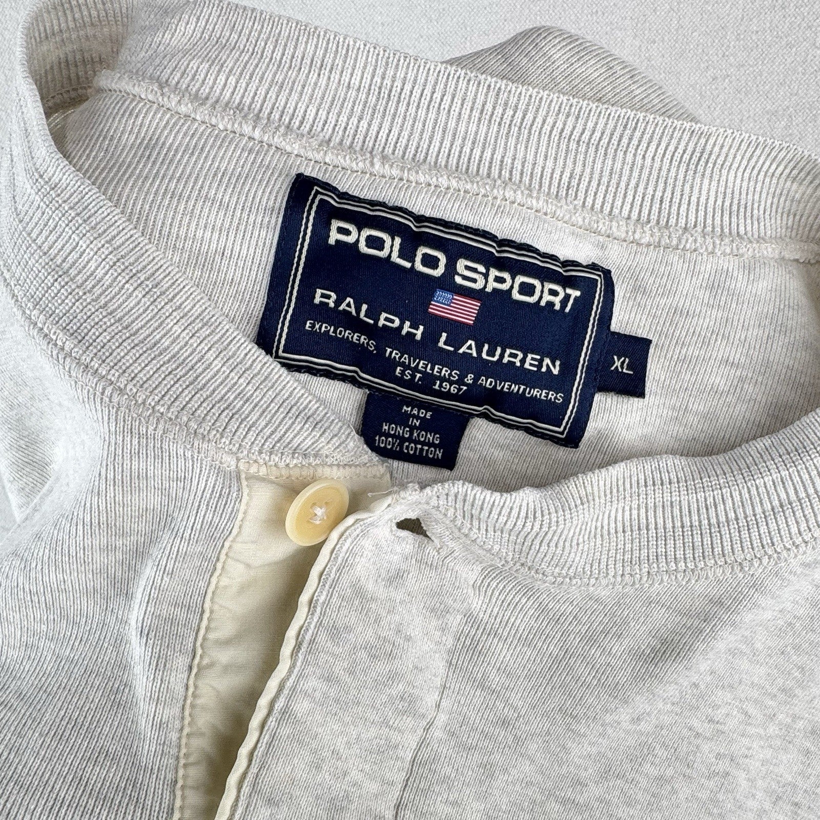 90’s Vintage Polo Sport Ralph Lauren Henley Shirt Oatmeal Heather Beige Men's XL