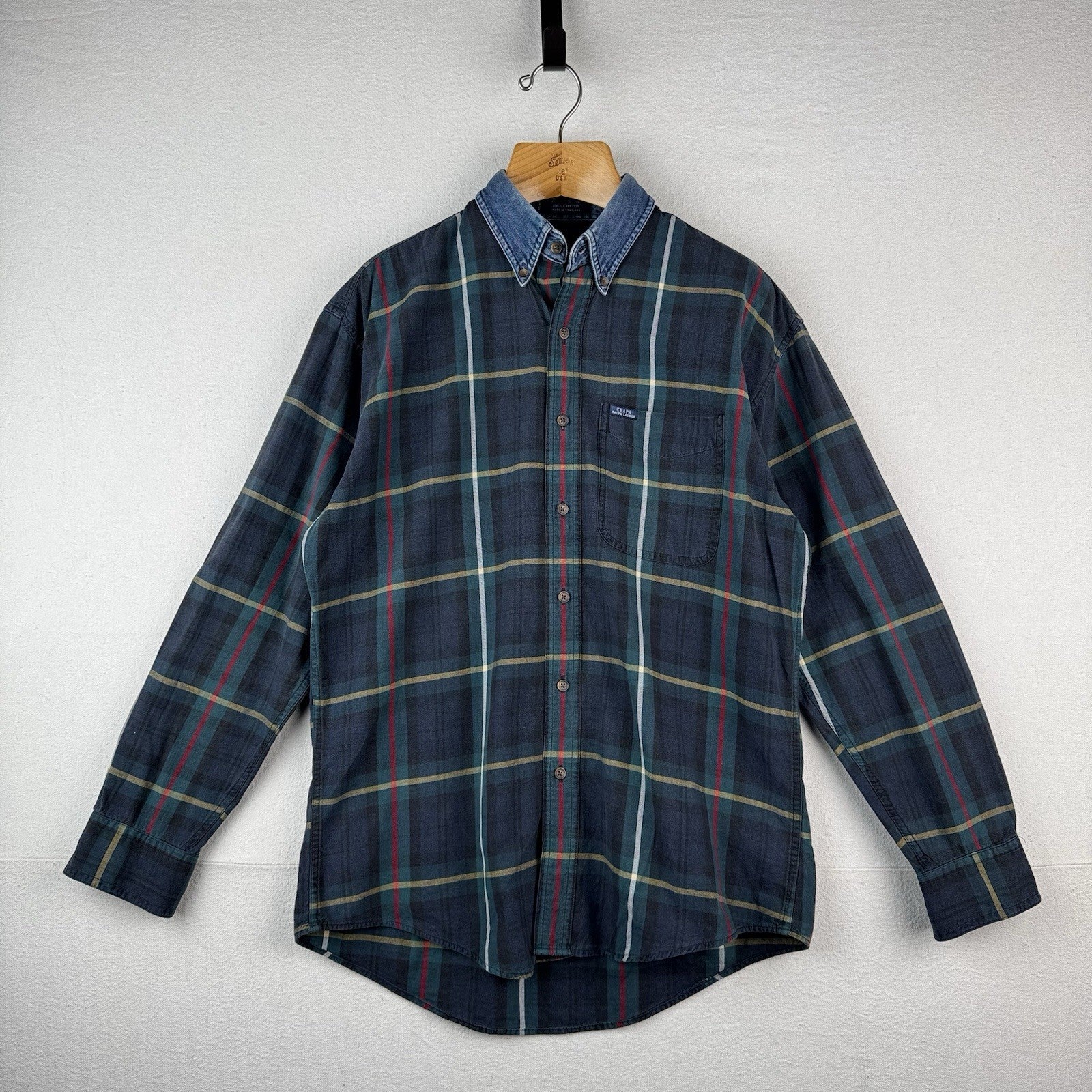 90’s Vtg Chaps Ralph Lauren Men’s M Blue Tartan Plaid Denim Collar Shirt