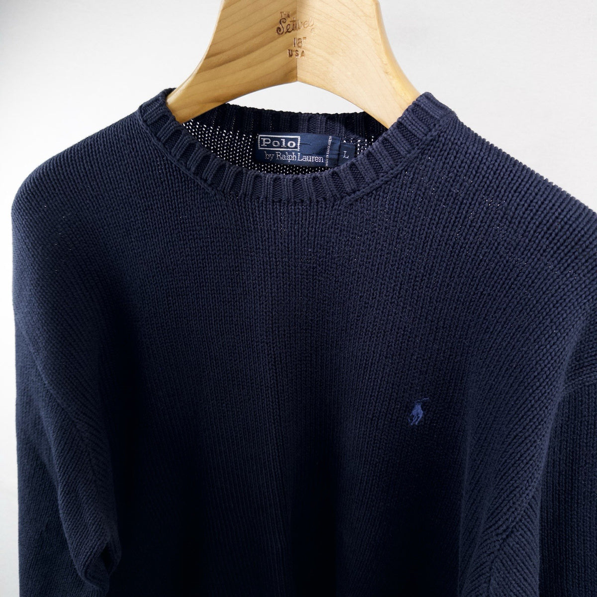 90's Vintage Polo Ralph Lauren Sweater Men's L Navy Blue Knit Crewneck Red Pony