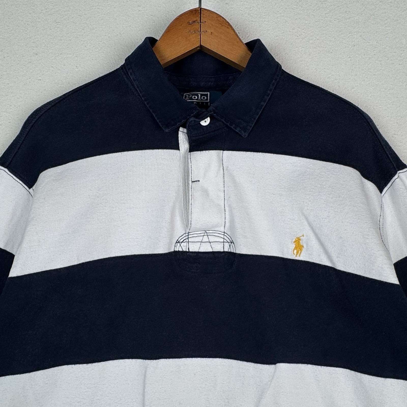 Vintage Polo Ralph Lauren Blue White Striped Rugby Shirt Mens XL