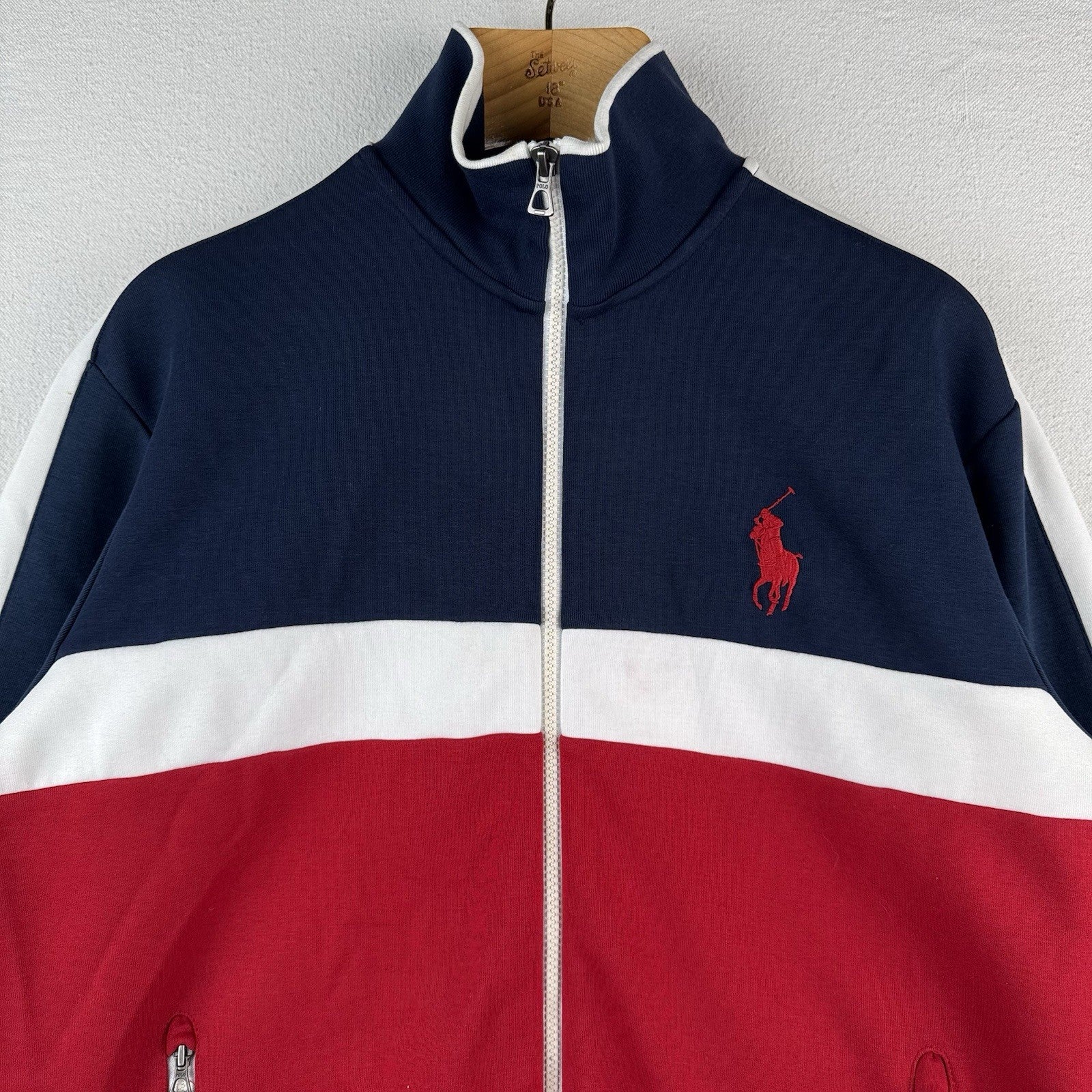 Polo Ralph Lauren Men's L Full Zip Red White Blue USA Flag Track Jacket Big Pony