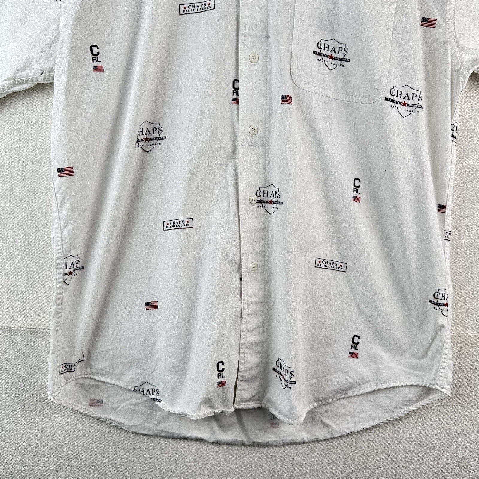 Vintage Ralph Lauren Chaps Mens L White All Over Print Shirt RL Flag