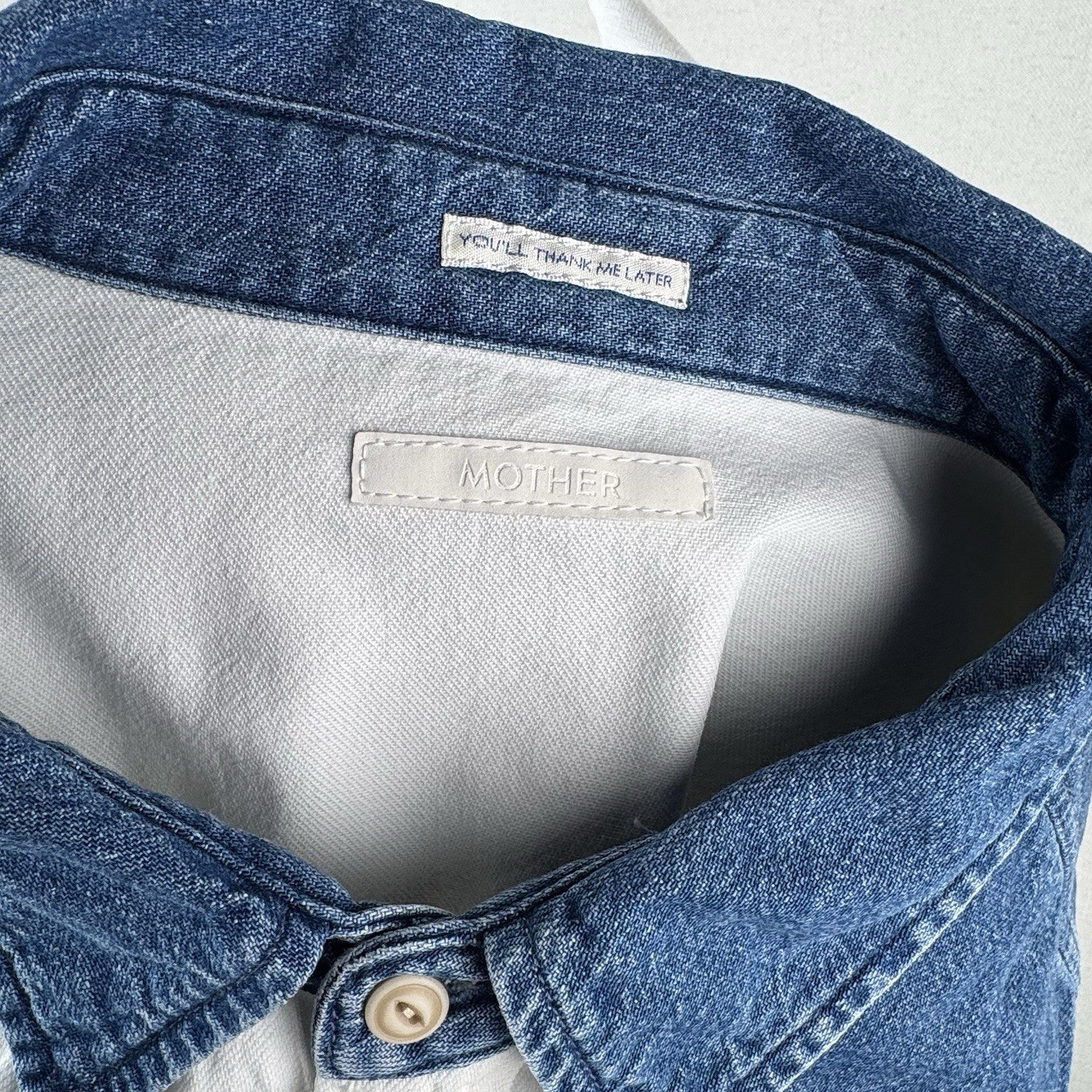 Mother Denim Tycoon TwoTone Western Shirt White Denim Pearl Snap Large USA *Read