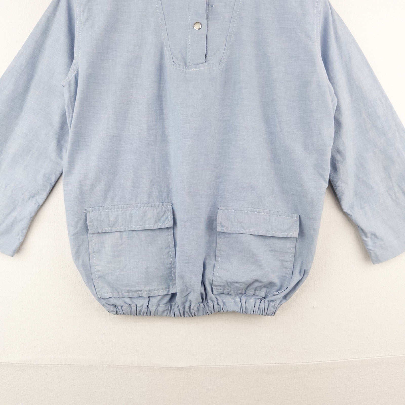 50's Vtg Chambray Patch Pocket Hooded Smock Jacket S Single Stitch Pearl Snap