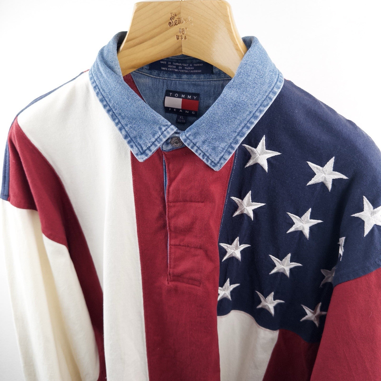 90s Vtg Tommy Hilfiger Rugby Polo Shirt Stars Stripes USA American Flag XL