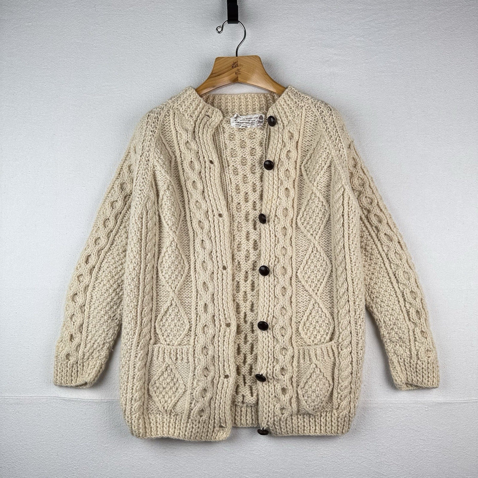80’s Vtg Blarney Woollen Mills Aran Handknit New Wool Cardigan Sweater Ireland S