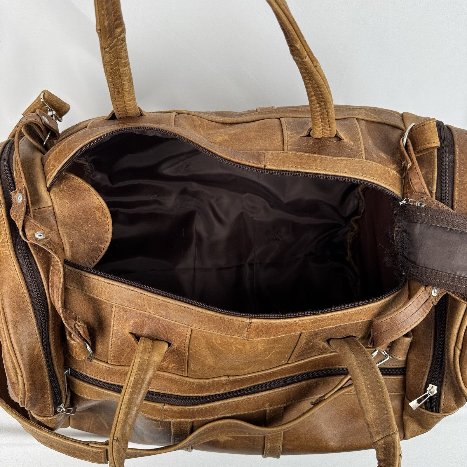 Vtg Tan Leather Duffle Bag Travel Weekender Gym Luggage Side Grab Handles 22”