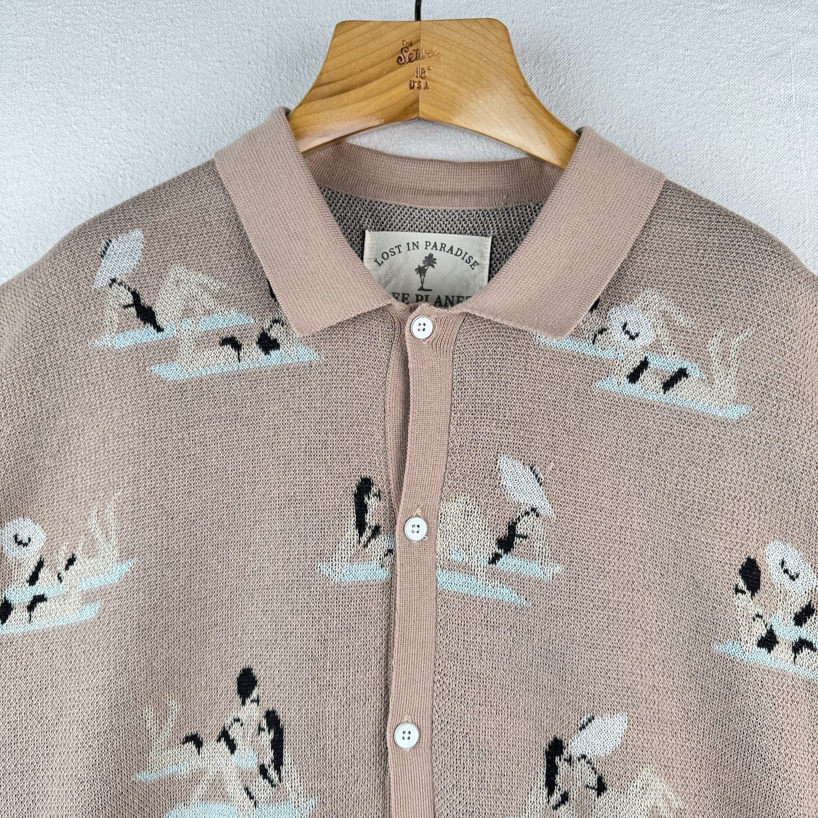 Free Planet “Lost In Paradise” Knit Polo Vintage Beach Resort Scene Mens XL Pink