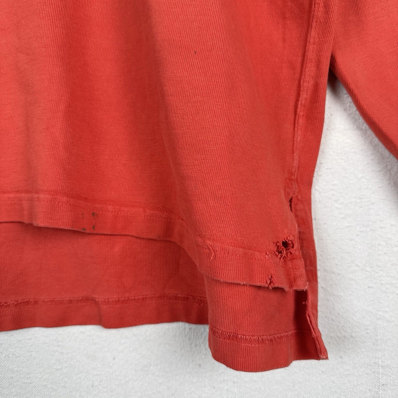 90’s Vtg Polo Ralph Lauren Rugby Shirt Mens L Orange Quilted Elbows *Distressed