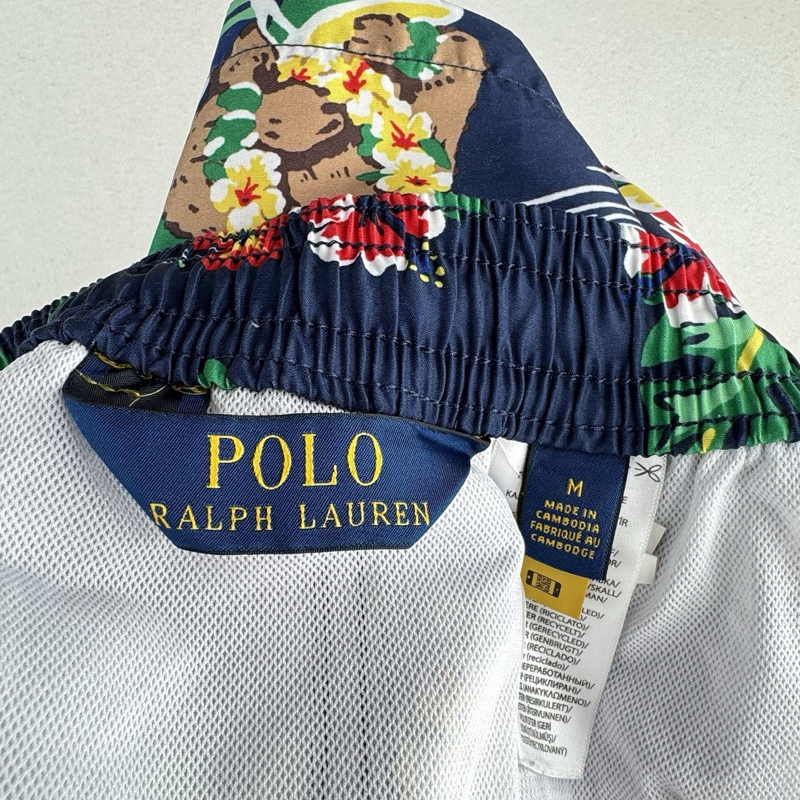 Polo Ralph Lauren Swim Trunks Mens M Blue Bear Floral Mesh Lined Drawstring 5”