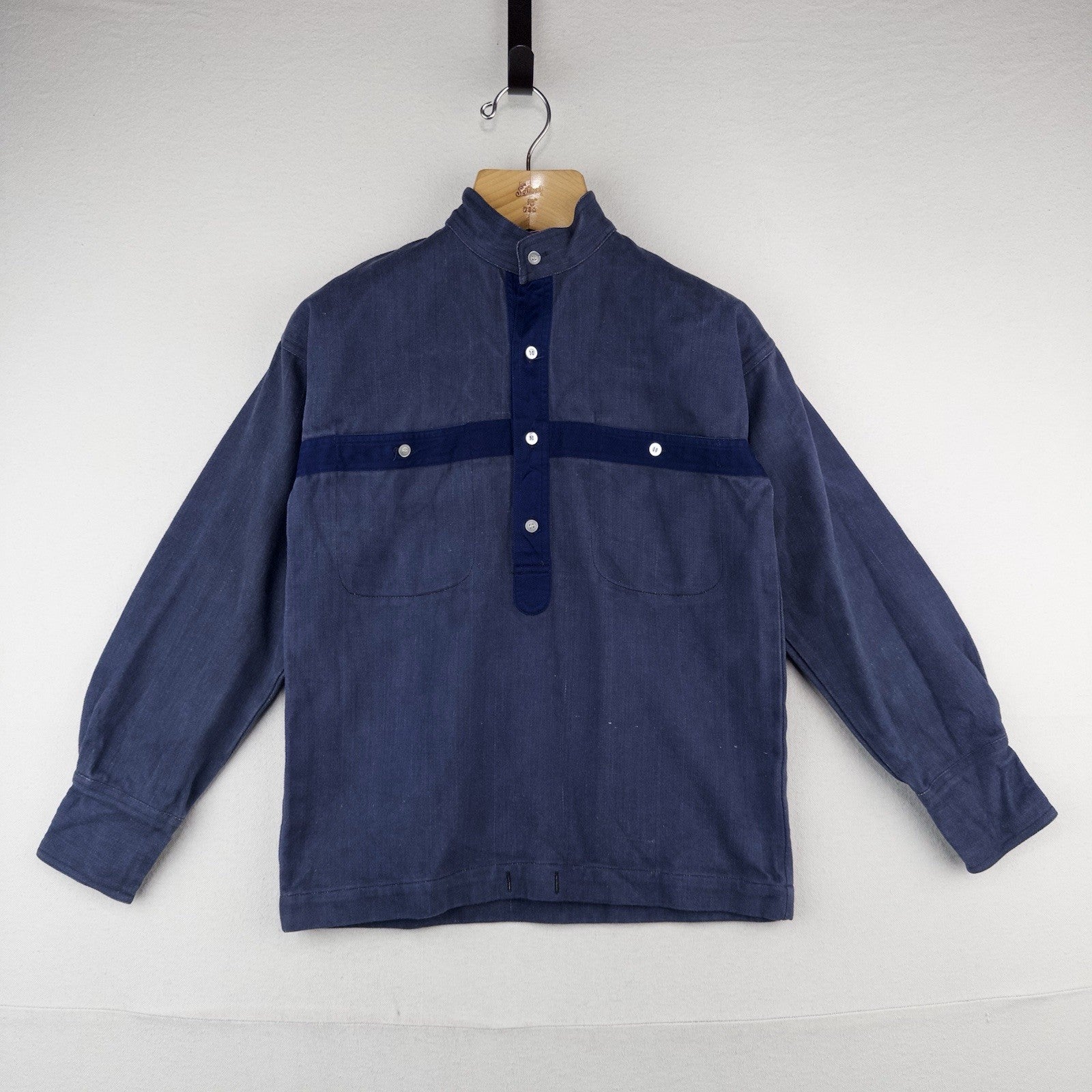 80’s Vtg Chinawear Popover Indigo Denim Work Shirt Long Sleeve Unisex Small (34)